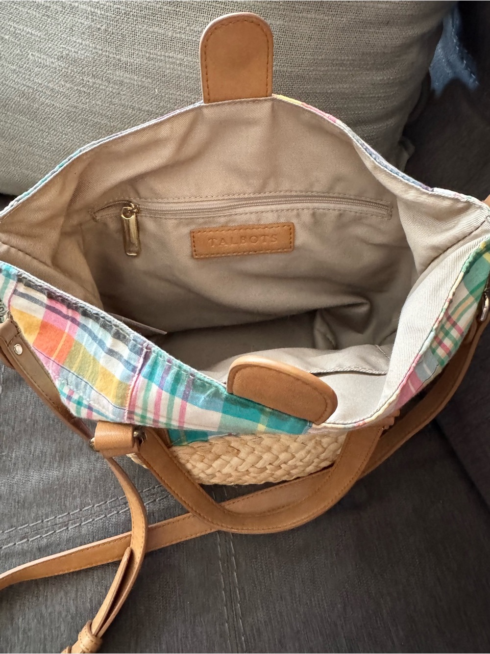Talbots Multicolor Plaid Straw Crossbody Bag with Tan Leather Trim